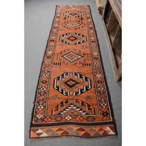 Tapis Kilim Vintage Orange Bleu Patchwork Design 3.1x11.1ft Fait Main Traditionnel Laine Jute Rectangle Abstrait Salle À Manger Latex - Product Image 1