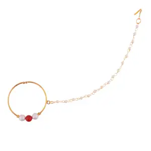 Indian Ethnic Faux Pearl Bridal Nose Ring Hoop With Chain Supplier Indian Manufacturer Wholesaler Jewellery For Women