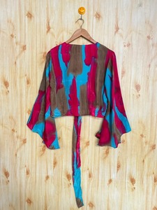 Blusa Retro Hippie para mujer, ropa de ciclo, Top informal, regalo para ella, Top corto Vintage bohemio de seda, Top envolvente, manga acampanada, corbata frontal - Product Image 3