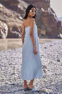 Textured Sky Blue Hand-Crushed Off-Shoulder Midi <b>Dress</b> Eco-Friendly Woven with <b>Elasticated</b> <b>Top</b> Side Zipper Lettuce Hem Detailing - Product Image 2