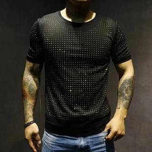 Camisetas de hombre con estampado de brillo personalizado con detalles de diamantes de imitación Camiseta de estilo Club de algodón pesado para ropa de moda OEM - Product Image 4