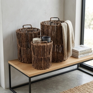 Juego de Cestas de Almacenamiento de Corteza de Plátano Natural con Estructura de Hierro, Cesto de Ropa Vertical Abierto con Rejilla de Listones, Cilíndrico, Decoración Artística Pura, Artesanía - Product Image 5