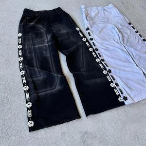 กางเกงวอร์มฮิปฮอปคุณภาพสูงสั่งทำพิเศษ ล้างสีแบบแอซิดวอช ขาดๆ แบบวินเทจ ทรงขากว้างหลวมๆ ประดับด้วยคริสตัล พิมพ์ลายสกรีน - Product Image 5