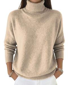 Suéter de Cuello Alto Beige Claro Personalizado para Mujer, Suéter de Punto de Lana Acrílica, Jersey de Manga Larga para Invierno, Fabricante Personalizado, OEM, Venta al por Mayor - Product Image 1