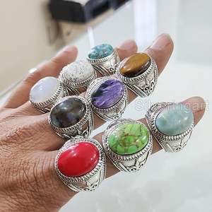 Anillo de Plata de Ley 925 con Piedras Preciosas de Granate, Coral, Ópalo, Turmalina, Rubí, Lapislázuli y Cuarzo, Joyería Árabe para Hombre, Venta al por Mayor - Product Image 2