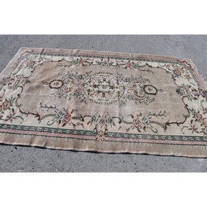 Turkish Vintage Large Rug 5.4x8.8 ft, <b>Brown</b> Green Check <b>Wool</b> Rug - Product Image 3