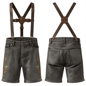 Pantalones Cortos Bávaros de Gamuza Genuina Gris Antiguo Personalizados, Pantalones Cortos de Cuero Tradicionales Bordados para Oktoberfest, Fábrica OEM - Product Image 2