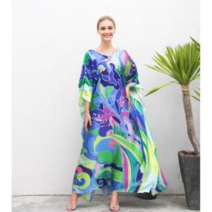 Vestido Kaftan Maxi Ecológico 100% Viscosa Personalizado de Fabricante Directo, Ropa de Calle para Mujer, Cuello en V Natural, Manga Larga, Color Sólido Digital - Product Image 1