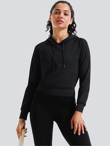 Sudadera Corta con Capucha para Mujer, Color Negro Sólido, Manga Larga, Tejido de Poliéster, para Otoño - Product Image 3