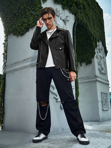 Chaqueta de motociclista de talla grande para hombre al por mayor, moda de invierno, piel de cordero PU con cremallera, abrigo de bombardero negro - Product Image 5