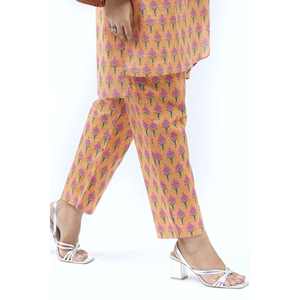 Pantalon décontracté imprimé en cambric orange pour femme, taille XL, en coton respirant, taille mi-haute, fermeture élastique, avec bande latérale décorative - Product Image 2