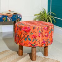 Tabouret en bois Kantha vintage traditionnel indien brodé fait à la main pouf pouf ethnique conçu pour le salon extérieur