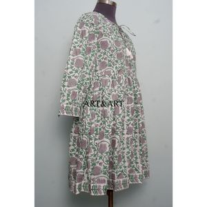 Vestido Formal hasta la Rodilla, 100% Algodón, Hecho a Mano, con Mangas Abullonadas, Estampado Floral Indio, con Borlas, Cómodo, Ecológico, Lavable para Mujer - Product Image 4