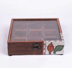 Red Leaf Mango Wood Spice Box with 9 <b>Partitions</b> Containers spice container with spoon <b>wooden</b> kitchen decor Removable Compartment - Product Image 5