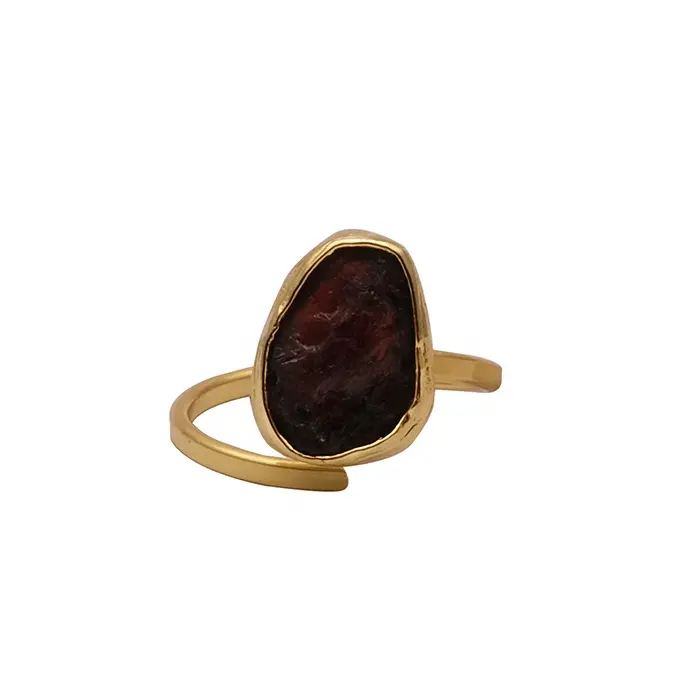 Gold plated brushed finished adjustable ring garnet raw gemstone ring handmade january month birthstone statement rings gifts