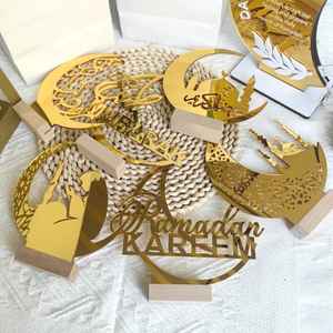Adorno de Luna de Ramadán Kareem de Acrílico Dorado de Lujo, Caligrafía Árabe Hecha a Mano, Decoración de Mesa Eid Mubarak, Selección de Base de Madera - Product Image 5