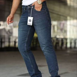 กางเกงยีนส์ทรงตรงผู้ชาย ทรงสลิมฟิต ยืดได้ เป็นมิตรกับสิ่งแวดล้อม สไตล์วินเทจ เอวกลาง สีเดนิม แฟชั่นสตรีทแวร์ พร้อมโลโก้ - Product Image 1