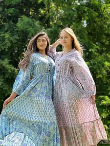 Pur coton longue robe Maxi indien bloc imprimé Pastel été terreux élégant maman confortable vêtements de jour - Product Image 6