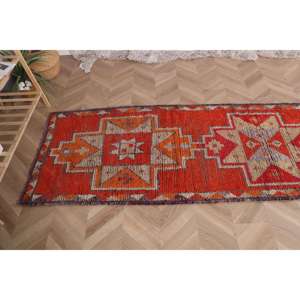 Alfombra Vintage, Alfombra Turca de 2.8x9.4 pies, Alfombra Persa de Lana Roja Marrón - Product Image 5