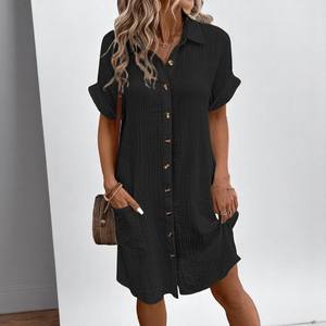 Mini robe vintage col en V manches 3/4 robe d'été pour femmes tenue décontractée de plage de vacances couleur unie Vestidos - Product Image 2