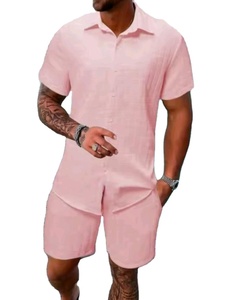 Conjunto de 2 Piezas para Hombre, Camiseta y Pantalones Cortos, Estilo Casual, Tejido Waffle Grueso, Manga Corta, Verano, Algodón, con Bolsillos - Product Image 1