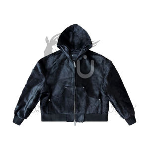 UNBRIDLEDS INDUSTRY Double Zip Cowhide Hoodie Black Hairon Genuine Leather Men's Winter Breathable Windproof - Product Image 1
