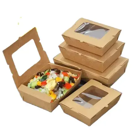 Caja de papel Kraft desechable para comida, ensalada, sushi, sándwich, almuerzo, Bento, para llevar, con tapa de ventana