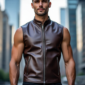 Chaleco de piel de oveja sin mangas para hombre, chaleco con botones de cuero para motocicleta, ropa de calle al por mayor para hombre, chaleco de motorista de cuero genuino - Product Image 2