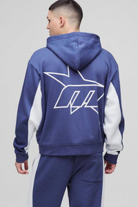 Hot Selling Custom Logo <b>Navy</b> Oversized Boxy Fit Homme Star Panelled Zip Through Hoodi for Men Cotton Blended New Design Hoodies - Product Image 2
