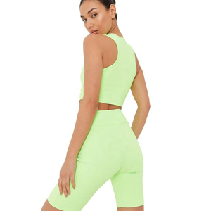 Venta al por mayor de ropa de Yoga para mujeres cintura alta elástica 100% mejores telas Running Workout Gym Fitness ropa deportiva Diseño conjunto corto con sujetador - Product Image 6