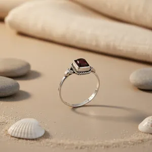 Vintage 925 Silver <b>Garnet</b> <b>Ring</b> Bezel Setting Gemstone Unisex Everyday Wear Brand a Rajasthan - Product Image 1