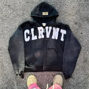 Sudaderas con capucha fabricantes personalizados de alta calidad hombre Hoodi peso pesado cremallera completa parches bordados sudaderas lavado ácido sudaderas con capucha hombres - Product Image 5