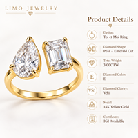 Bague de fiançailles 3CT Toi et Moi en or jaune 14K avec diamant de laboratoire taille poire émeraude, certifié IGI, bijoux personnalisés OEM ODM en gros