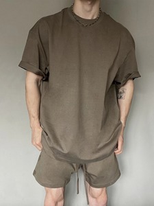 2025 American Heavy Color sólido pequeño escote Camiseta de manga corta para hombre verano 425G pantalones cortos deportes y ocio traje Suelto - Product Image 6