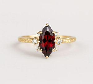 Anillo de compromiso y boda de lujo con granate rojo marquesa y diamantes, piedra lateral de circonita cúbica, engaste de plata 925 con puntas, banda de filigrana moderna - Product Image 4