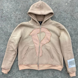 Venta al por mayor personalizado lavado ácido ZipUp Sudadera con capucha de algodón grueso Sunfaded Patchwork Sunfaded bordado apliques sudaderas con capucha hombres, sudaderas con capucha de los hombres - Product Image 2