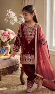 Kids Maroon Velvet Pakistani Salwar Kameez Girls <b>Eid</b> Wedding Wear Embroidered 3Pc Designer Suit With Dupatta - Product Image 2