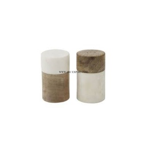Juego de 2 de sal y pimienta redondos de calidad superior, mesa de madera de teca y mármol blanco hecha a mano para el hogar y la cocina - Product Image 1