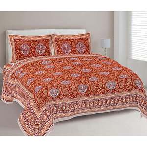 Brick Red Ethnic Printed 100% Cotton Double Bedsheet with 2 Pillow Covers <b>King</b> <b>Size</b> <b>Sheets</b> Massage Feature 3-Piece Set (ADB1470) - Product Image 1
