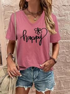 เสื้อยืดพิมพ์ลายตัวอักษรตลกสำหรับผู้หญิงเสื้อแฟชั่นแขนสั้นคอวีเสื้อผ้าลำลองผู้หญิงแฟชั่นฤดูร้อนลายดอกไม้ - Product Image 5