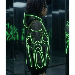 Sweat à capuche Cyberpunk d'hiver haut de gamme personnalisé, noir mat, coton lourd, Techwear, piping vert néon lumineux, broderie 3D sur le devant - Product Image 5
