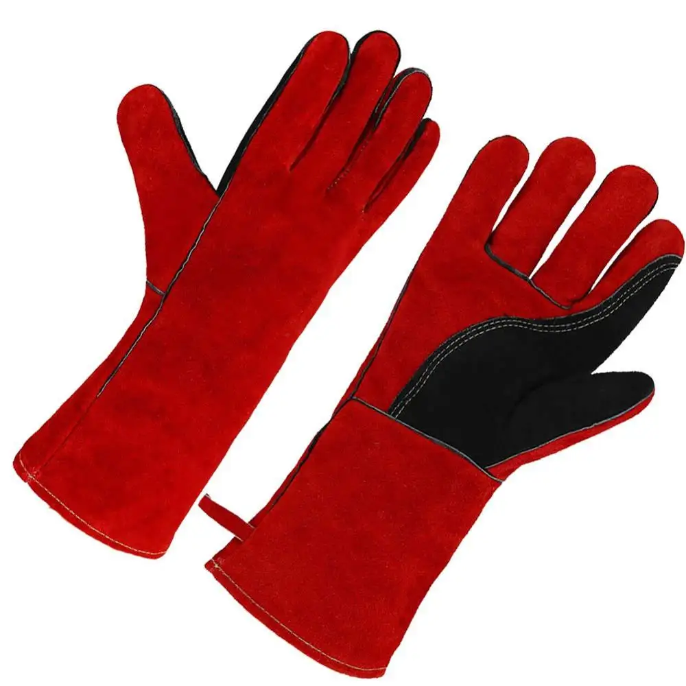 ถุงมือเชื่อมหนังแพะหนังยาวป้องกันผิวหยาบสำหรับเทคโนโลยีนิ่มทนความร้อนป้องกันมือแยก