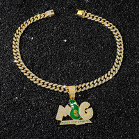 Pendentif Monnaie pour Homme avec Chaîne Cubaine Scintillante, Bijoux Lettres en Émail Vert en Gros pour Détaillants de Mode en Ligne