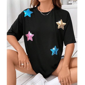 Venta al por mayor de moda de las mujeres camiseta de moda brillante lentejuelas estrella patrón niñas gota hombro camiseta - Product Image 1