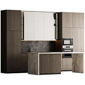 Armoires <span class=keywords><strong>de</strong></span> cuisine modulaires KEJIA <span class=keywords><strong>de</strong></span> luxe en bois foncé et en marbre blanc avec îlot en cascade pour projets <span class=keywords><strong>de</strong></span> villas haut <span class=keywords><strong>de</strong></span> gamme - Product Image 1