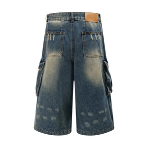 Fabricants de vêtements pakistanais Short en jean personnalisé ample avec poches délavées pour hommes Long short en maille denim cargo - Product Image 2