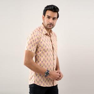 Men's Brownish Peach Floral Casual Shirt 100% Cotton Poplin Regular Fit Button-<b>Up</b> Collar Breathable Size 6XL for Summer Fashion - Product Image 5