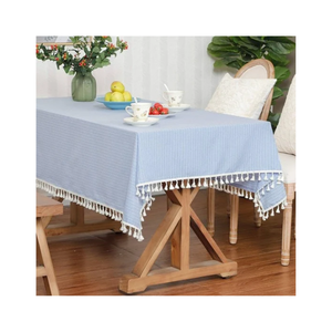 Eco Minimalist Striped 60x84 Inches 200 GSM 250 TC GOTS Certified Cotton Linen <b>Tablecloth</b> With Tassels Washable Home Decor - Product Image 5