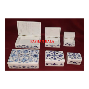 Natural White Marble Blue Mother Of Pearl Inlay Jewelry <b>Box</b> Handmade <b>Floral</b> Design Rectangle Shape Used For Golden Chain Packing - Product Image 1