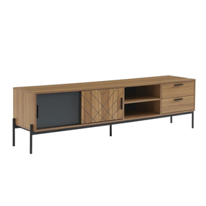 Mueble de TV Industrial de Madera con Acabado Roble Oscuro, Puertas Correderas con Patrón 3D Extensibles, Cajones y Patas Metálicas, 65+ Pulgadas, para Sala de Estar o Dormitorio - Product Image 6